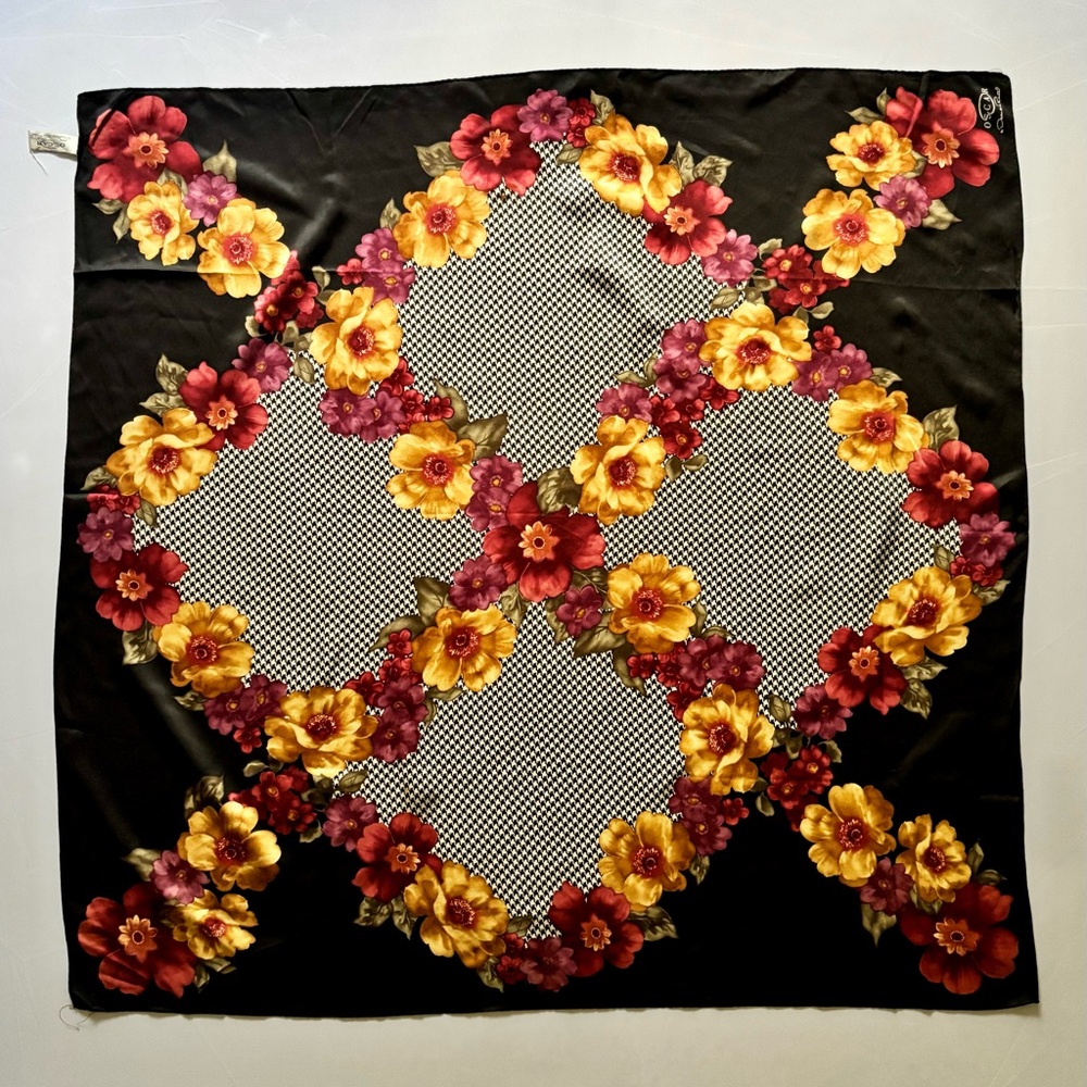 Oscar de la Renta Black Floral Silk Scarf with Yellow, Red & Purple Blooms